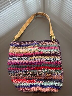 Handcrafted Multicolor Crochet Shoulder Bag with Tan Strap Never used.